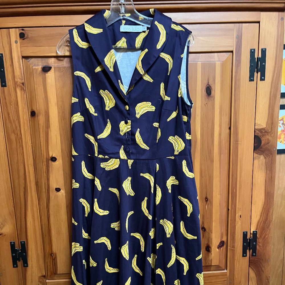 Miss Lulo banana-print knee-length dress, size: XL
